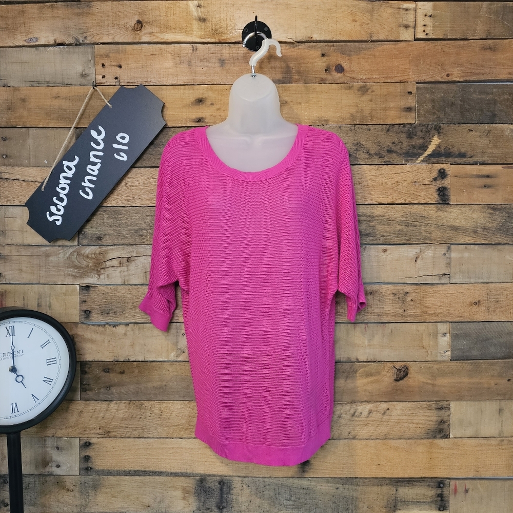 Express Women's mesh open knit hot pink pullover Top Size L